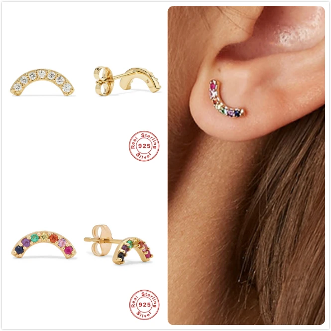Pendientes de plata de ley 925 para mujer, arcoíris dorado, circón, hueso del oído, pendientes de cristal femeninos para fiesta, brincos R5