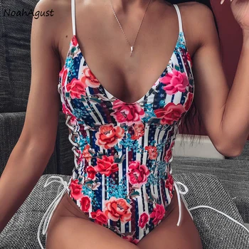 

Floral Print High Cut Swimsuit Women Bodysuit Sexy Monokini Bandage Swim Suit Womens Swimwear Tie Up Bathing Suit Thong Trikini