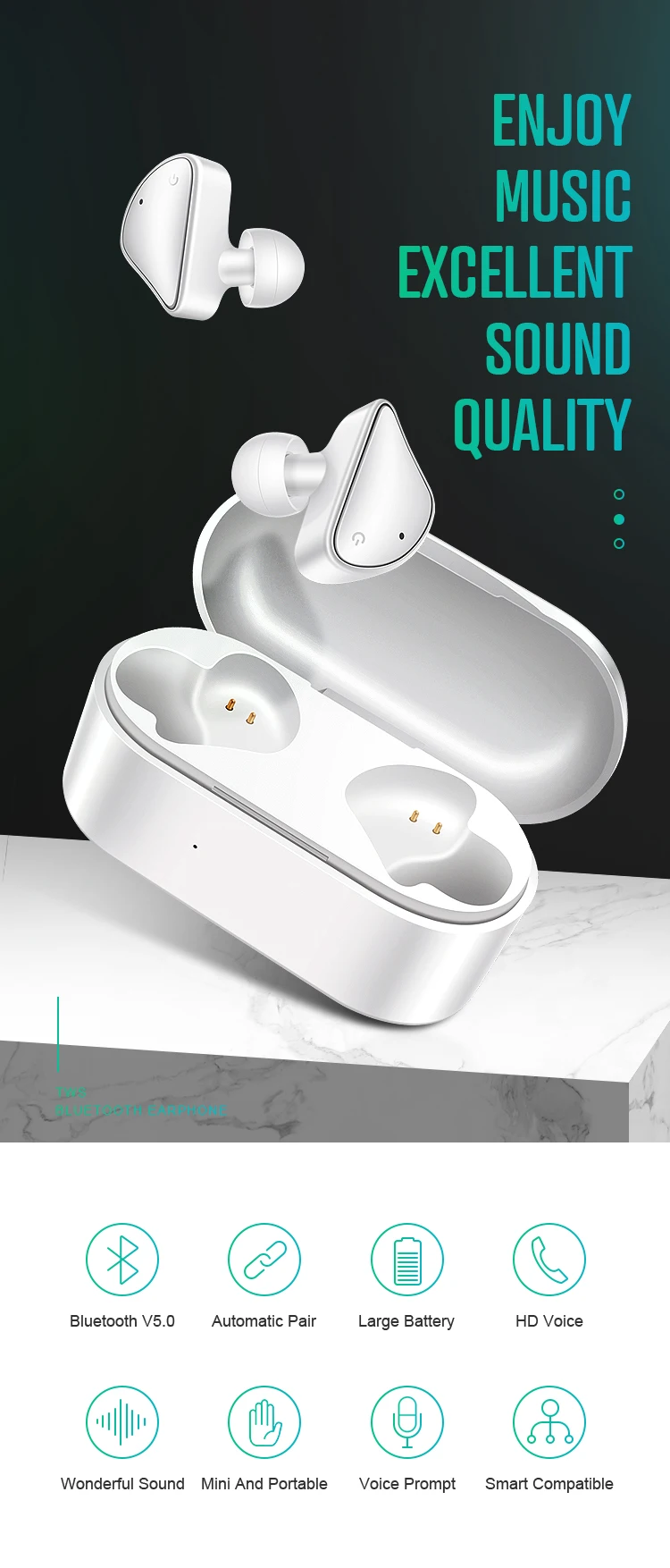 Размер Беспроводной Bluetooth 5,0 Earpods с зарядный чехол, Совместимость с системами Android и iOS IPX5 с защитой от пота с глубокими басами, Особенности
