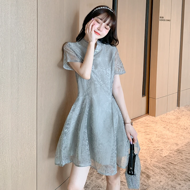 Coigarsam Cheongsam Lace Women One Piece Korean Dress Vintage Cute High Waist Dresses Gray 279 Dresses Aliexpress
