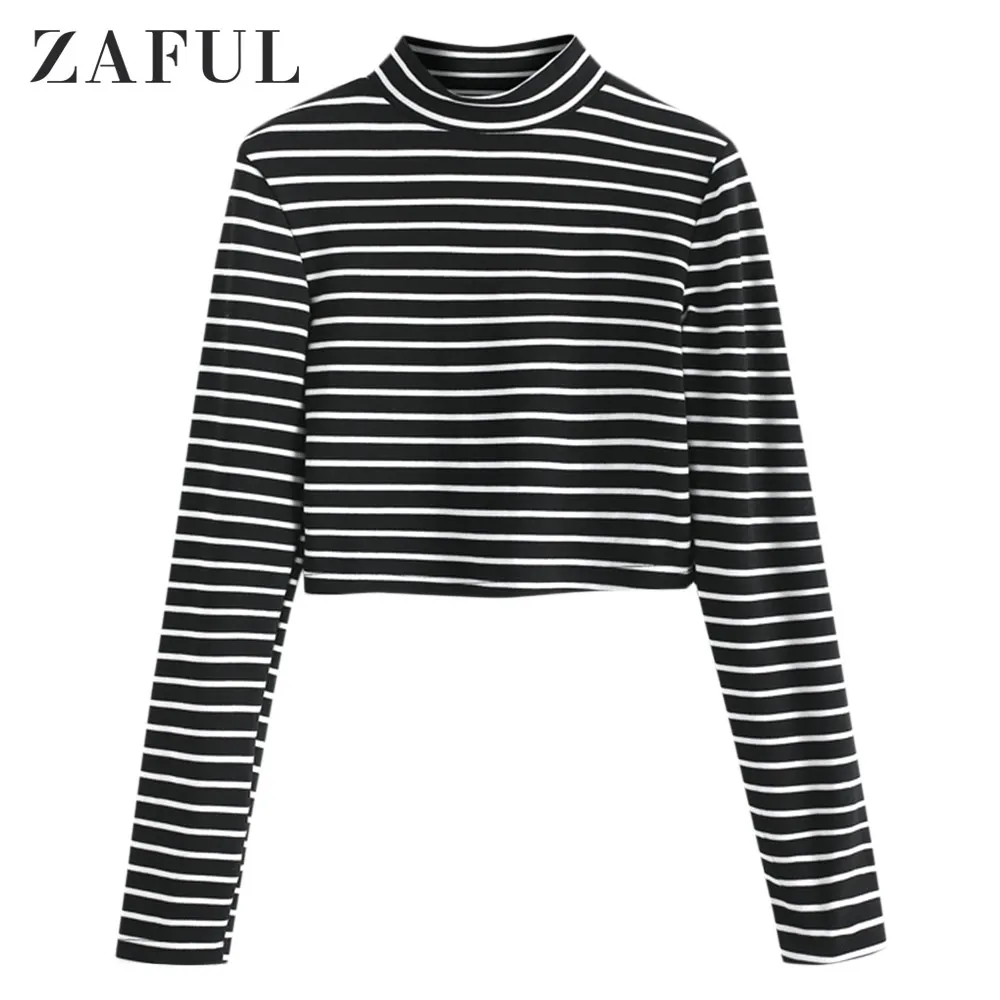 

Zaful Two Tone Striped Women Causal Blouses Turtleneck Long Sleeves Female Short Shirts Patchwork Loose Autumn Femme Pullovers