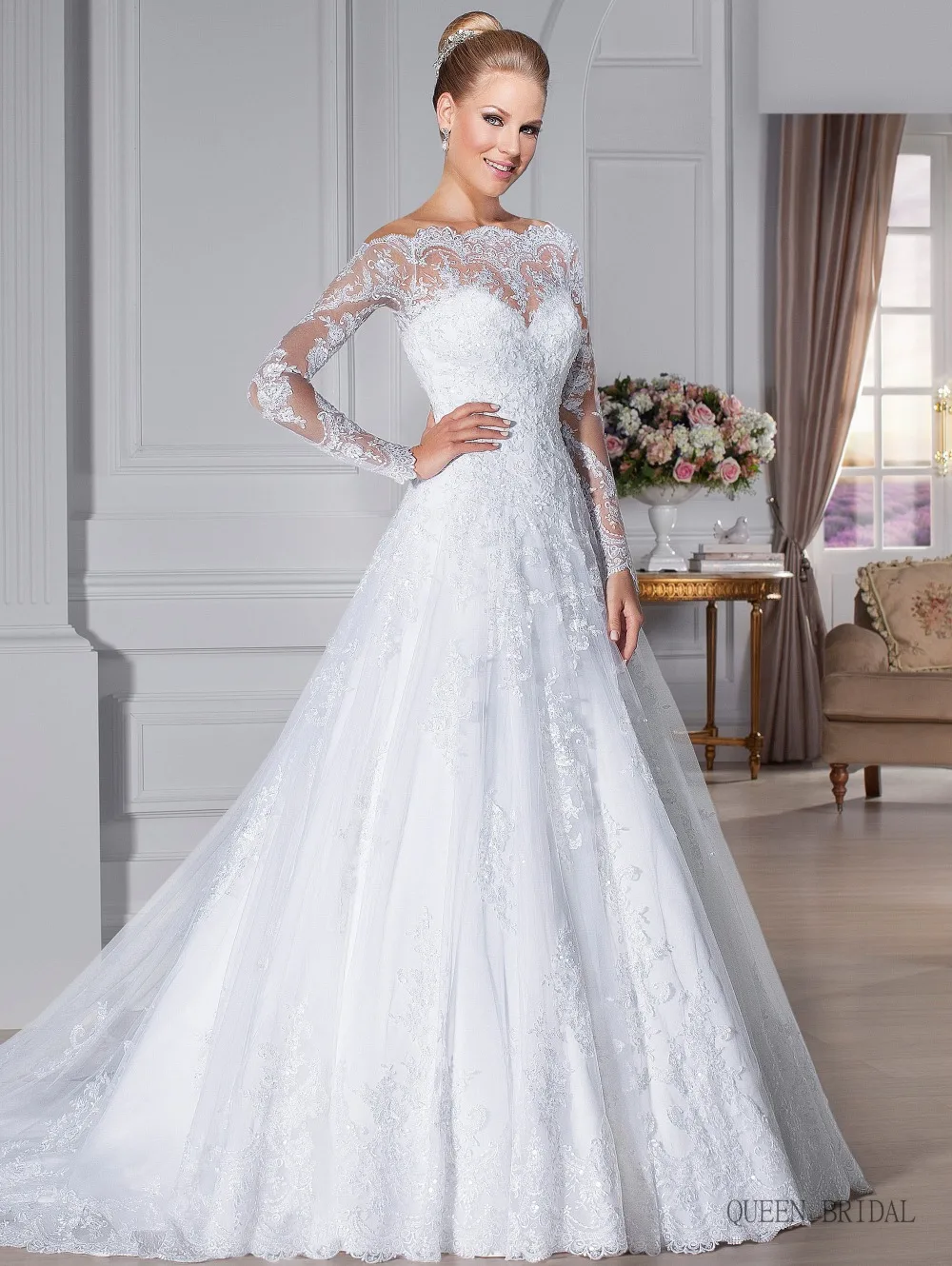 

Vestido de noiva 2016 Custom made scoop see through back zipper button beaded appliqued long sleeve lace wedding dresses IZ9