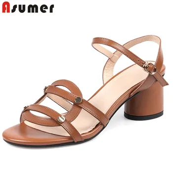 

ASUMER 2020 new arrive women sandals solid colors buckle rivet summer casual shoes concise high heel sandals female black