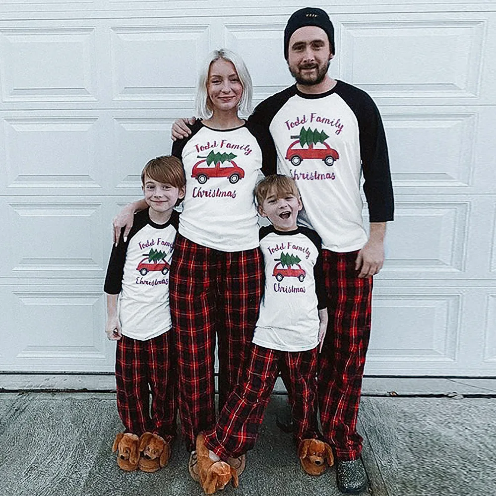 

2020 Amazon Wish Autumn and Winter Clothing Parent-child Matching Outfit Pattern Car Drag Christmas Tree Car Printed Pajamas Sui