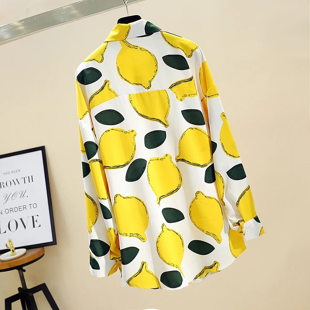 Jaune Citron Imprime Femmes Blouses 2020 Mode Lache Longue En Mousseline De Soie Chemisier Femme Col Rabattu A Manches Longues Chemise Top En Mousseline Aliexpress