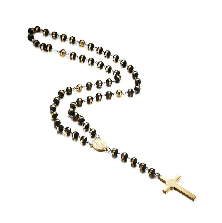 30" 8MM Stainless Steel Rosary Beads Necklace Black and Gold Color with Holy Jesus Christ Crucifix Cross Pendant 6