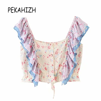 

2019 summer new women's button ruffled color matching floral print short sleeveless shirt tide