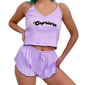 

female sleeveless v-neck embroidery spaghetti strap two piece set woman casual street harajuku clother Home Lady Suit