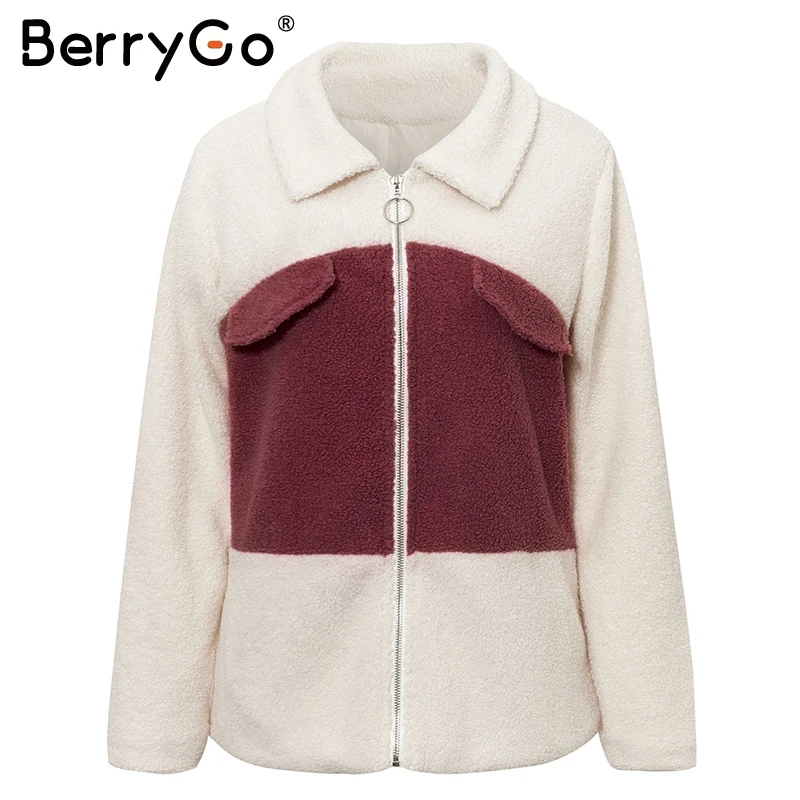 BerryGo, повседневная меховая куртка на молнии с карманами, для женщин, Осень-зима, женские куртки, пальто, лоскутное, овечья шерсть, женское теплое пальто - Цвет: Бургундия