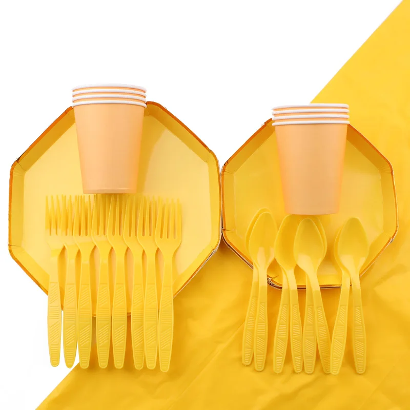 Octagonal Yellow Tableware Set Birthday Party Theme Decoration Supplies Disposable Cup Plate Napkin Tablecloth Supp | Дом и сад