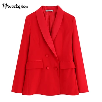 

Huaxiafan Women Blazers Solid Red Office Lady Elegant Double Breasted Long Sleeve Jacket With Zipper Female Casual Outdoor Wear