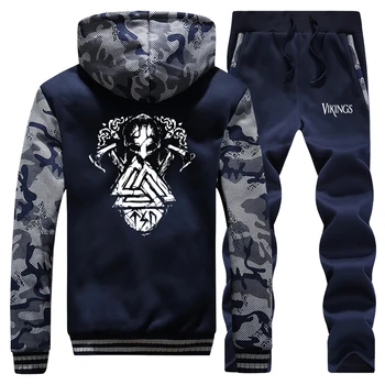 

Mens Hoodies Outerwear VIKINGS Pattern 2019 Winter Thick Jacket+Pants 2Pcs Sporting Suit Fleece Warm Thick sportwear