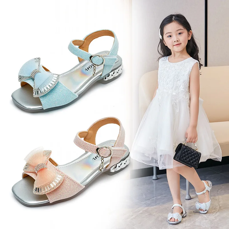 Fashion Girls Sandals 2021 Summer Princess Shoes For Wedding And Party Dance Kids Sandal With Bowknot Rhinestone 3 4 5 6 7 8-12T