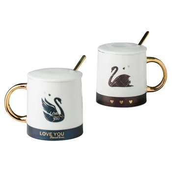 

Swan patterned couple mug Coffee Mug with lid spoon,Advanced gold handle mug Office Series Drinkware breakfast Mug gift