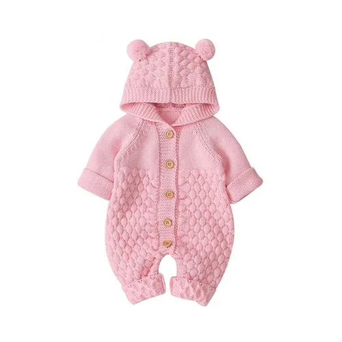 Осенние детские вязаные комбинезоны с кроличьими ушками; вязаные комбинезоны для новорожденных мальчиков; зимняя одежда с длинными рукавами; свитер для малышей; комбинезоны - Цвет: pink