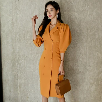 

2019 Winter Casual Yellow Dress Women Three Quarter Lantern Sleeve Blazer Dress Women Double Button OL Work Office Ladies Dress
