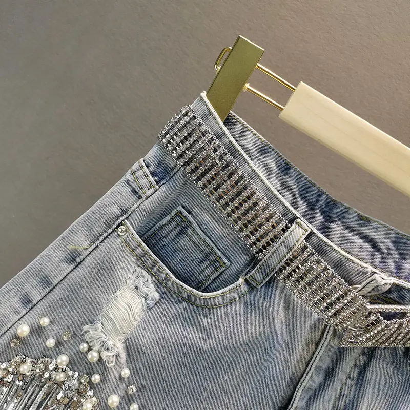 2021 Women Spring Summer New Elegant Shorts Lady Tassel Beading High Waist Wide Leg Denim Shorts Female Casual Solid Shorts