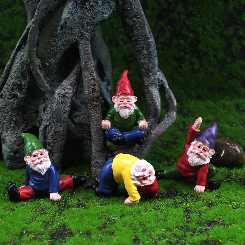 1 Set Mini Fairy Garden Drunk Yoga Gnomes Miniature Ornaments Set Dwarf Bonfire Statues for Flowerpot Garden Decor Accessories 