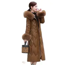 2021 PU Leather Down Jacket Women Over The Knee Plus Size Slim Haining Sheep Skin Fox Fur Collar Leather Jacket Women Hooded