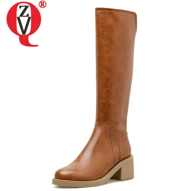

ZVQ winter new warm genuine leather knee high boots outside casual high heels round toe zip women shoes drop shipping size 33-40