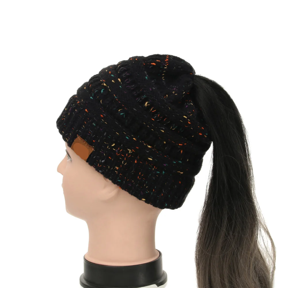 25 цветов конфетти Ponytai l Beani e для вязаный бюстгальтер шапка Skullies Beanies теплая шапка s Женская вязаная Стильная шапка с биркой - Цвет: Black