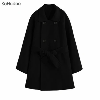 

KoHuiJoo Spring Autumn Wool Coats Women Loose A Line Double Breasted Korean Long Oversized Coat Manteau Female Black