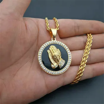 

Hip Hop Iced Out CZ Praying Hands Pendant Necklace Charm For Men Women Gifts Gold Color Stainless Steel Jewelry Dropshipping