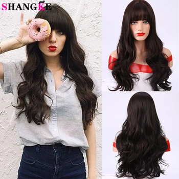 

Shangke Synthetic Long Curly With Bangs Wigs For Black Women Daily Cosplay Wig Brown Chocolate Colors Heat Resistant Fiber