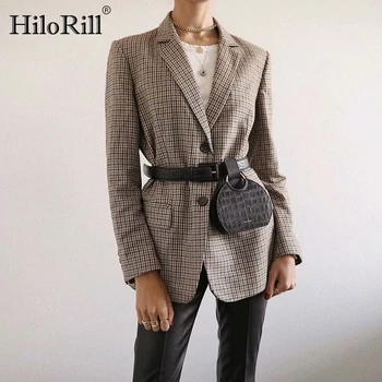 

HiloRill Vintage Office Ladies Plaid Blazer Long Sleeve Loose Houndstooth Suit Coat Jacket Women Single Breasted Blazers 2020
