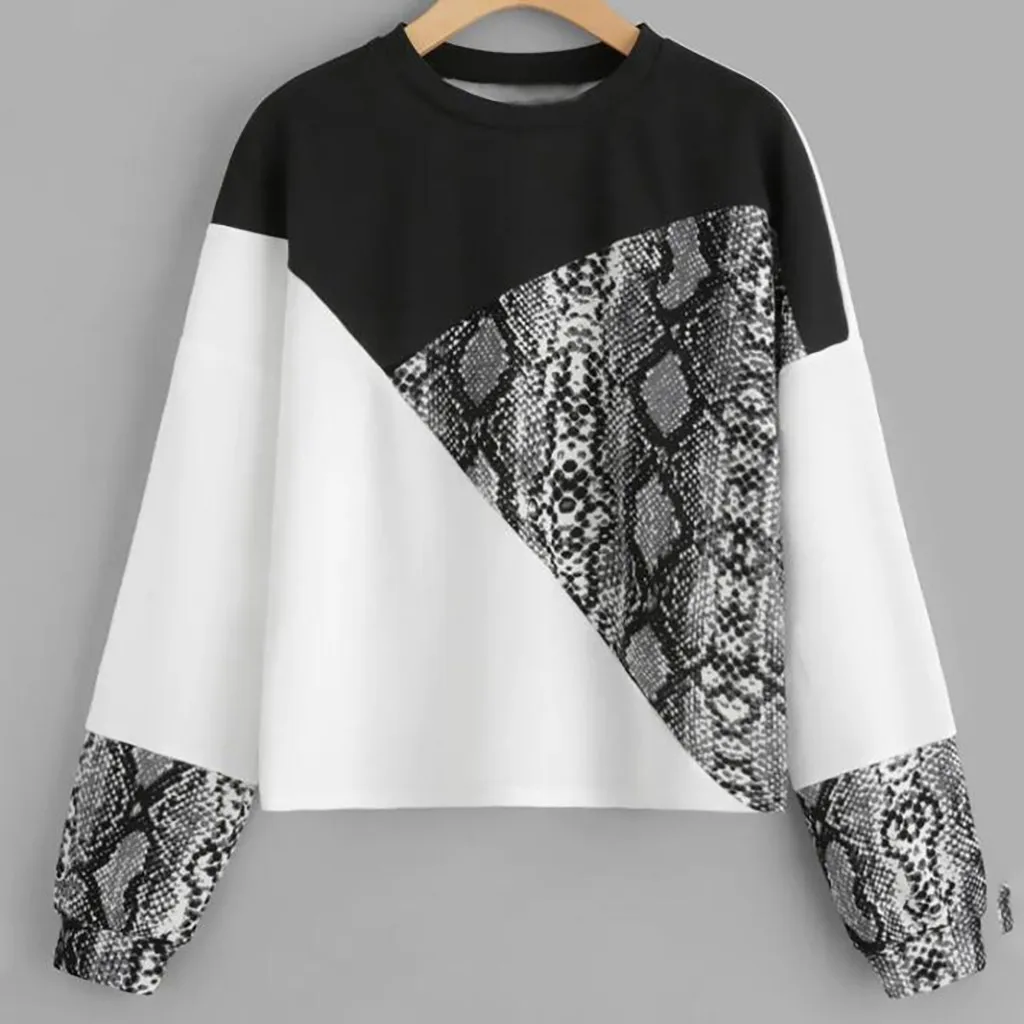 

Autumn Women's Short Hoodies Snake Skin Patchwork Long Sleeve Casual Pullover O-Neck Loose Female Sweatshirt Blouse Hoodies