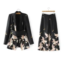 Женская винтажная кимоно куртка с принтом Журавля, Офисная Женская Ретро куртка с завязанным поясом, Повседневная тонкая Свободная верхняя одежда