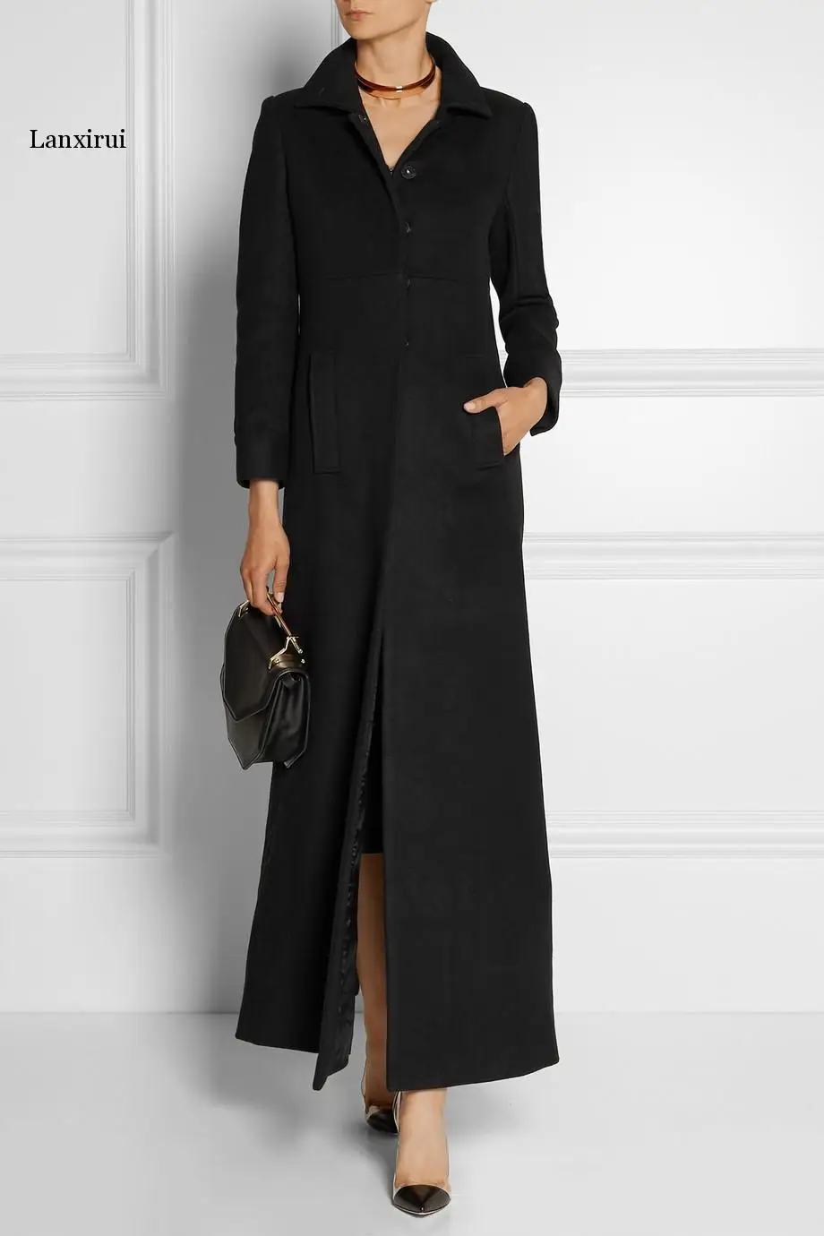 Черные однотонные длинные шерстяные зимние пальто однобортные теплые шерстяные пальто и куртки модные длинные элегантные женские пальто