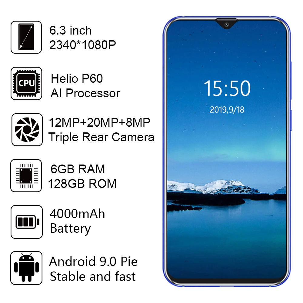 Смартфон Cubot X20 Pro 6," FHD+ с функцией капли воды, режим AI, тройная камера, Android 9,0, 6 ГБ+ 128 ГБ, четыре ядра, 4000 мА/ч, для распознавания лица