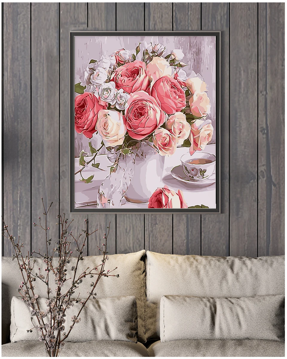 DIY картина маслом по номерам розы в вазе настенные художественные картины на холсте Раскраска по номерам ручная роспись украшение дома