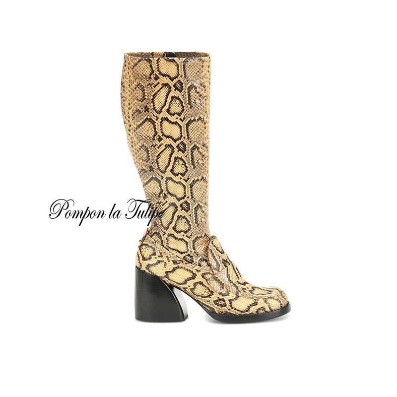 

ZZ 941126 Fancy Catwalk Genuine Cow Leather Python 8CM High Heel Leather Plush Fashion Women Long Boots Women Shoes