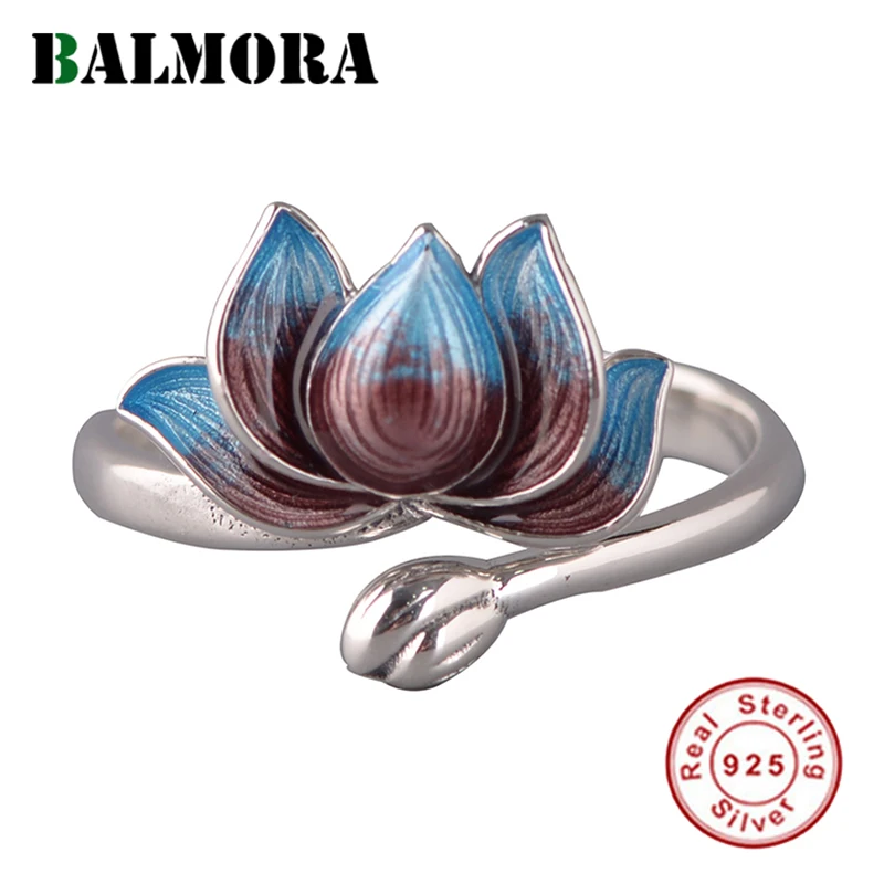 

BALMORA 925 Sterling Silver Lotus Blue Enamel Open Rings for Women Lady Party Vintage Fashion Delicate Jewelry Anillos