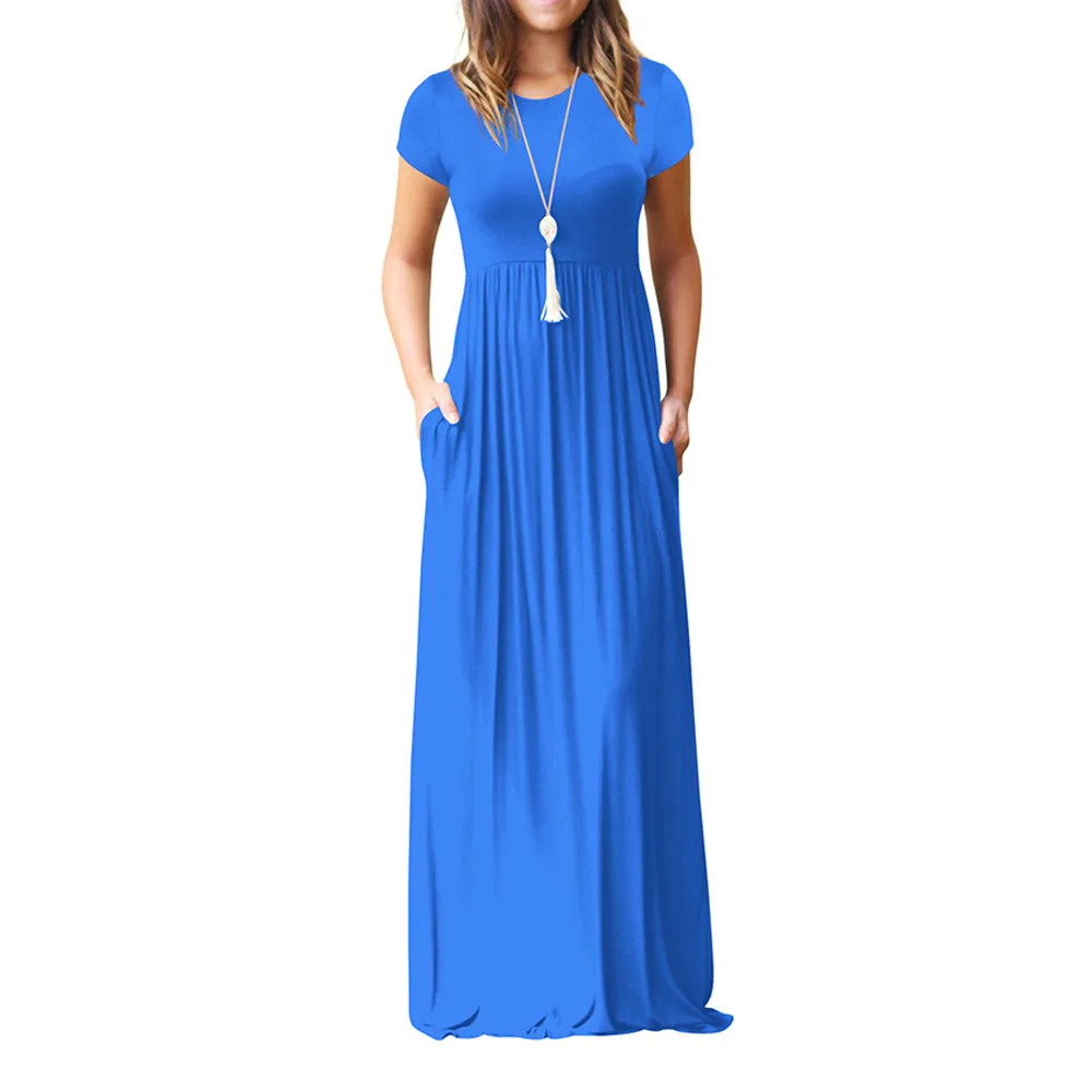 Été Maxi robe longue femmes Femme Boho longues robes de grande taille poches décontracté nouveau manches courtes col rond robe unie plage Vestidos