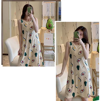 

Summer Sleeveless Nightdress With Chest Pads 2020 Sweet Style Fruit Prints Sleepshirt Home Wear Women Sleepwear