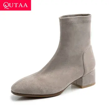 

QUTAA 2020 PU Leather Flock Slip on Casual Women Shoes Round Toe Square Middle Heel Autumn WinterConcise Ankle Boots Size 34-39