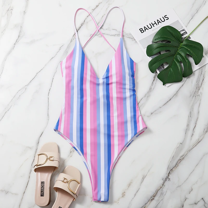 

2020 Vintage Sexy Summer One Piece Women Swimsuit Striped Momokini Push Up Backless Bathing Suits Swimming Suit Beach Wear