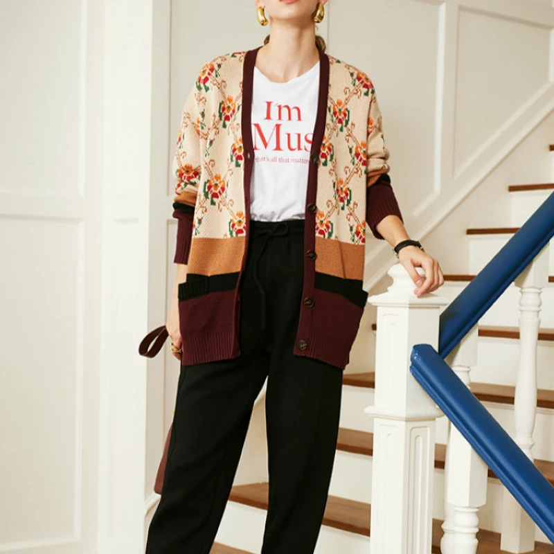 ^*Best Offers Cardigan women vintage color matching flower jacquard knit cardigan woman long paragraph loose women's sweater coat female