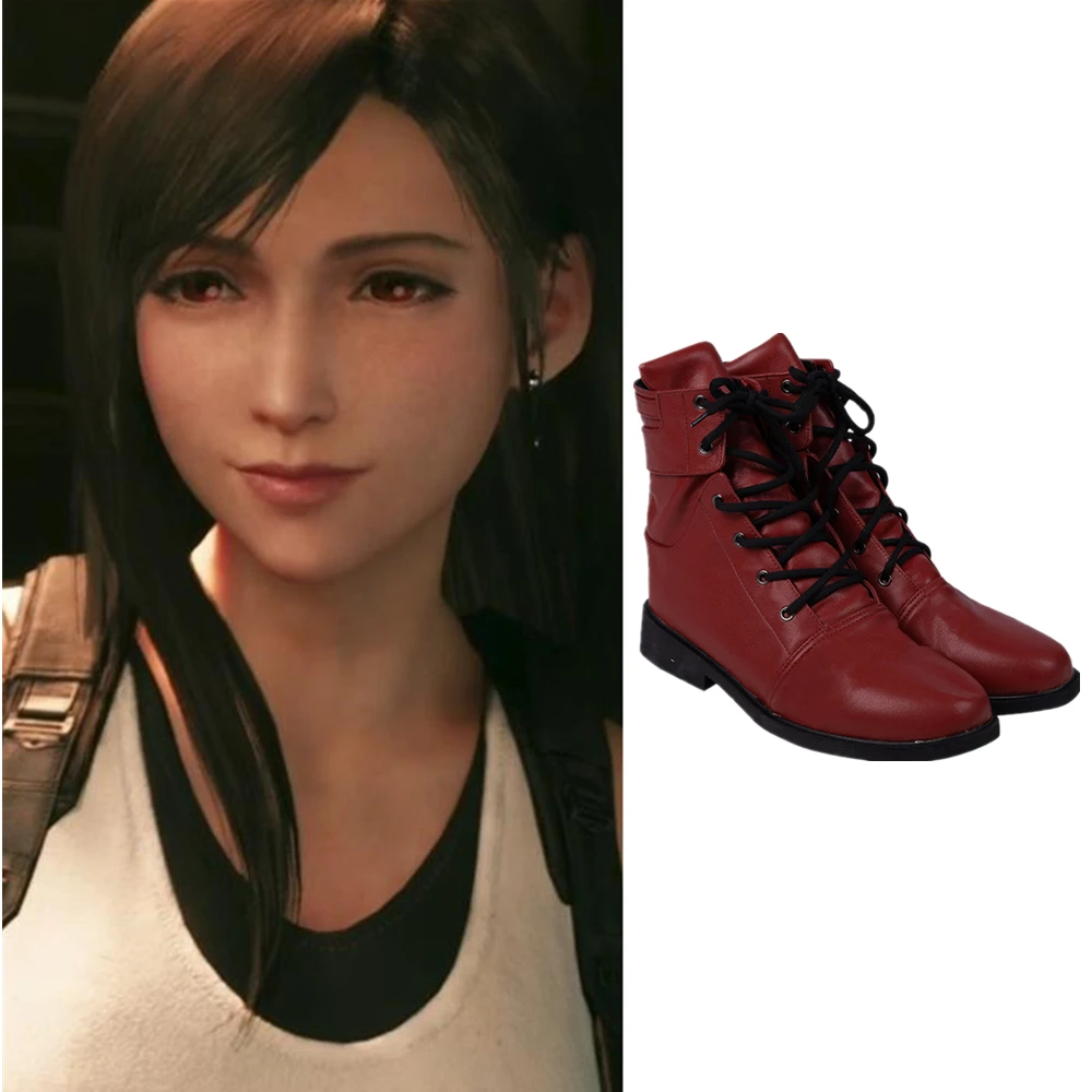 

Manluyunxiao Faux Leather Martin Boots Tifa Lockhart Cosplay Final Fantasy VII Remake Halloween Costumes Red Shoes for Women