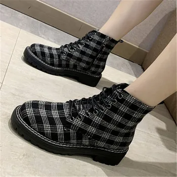 

Fashion Autumn Winter Gingham Women's Ankle Motorcycle Boots Breathable Comfort Lace-Up Booties For Female Zapatos De Mujer