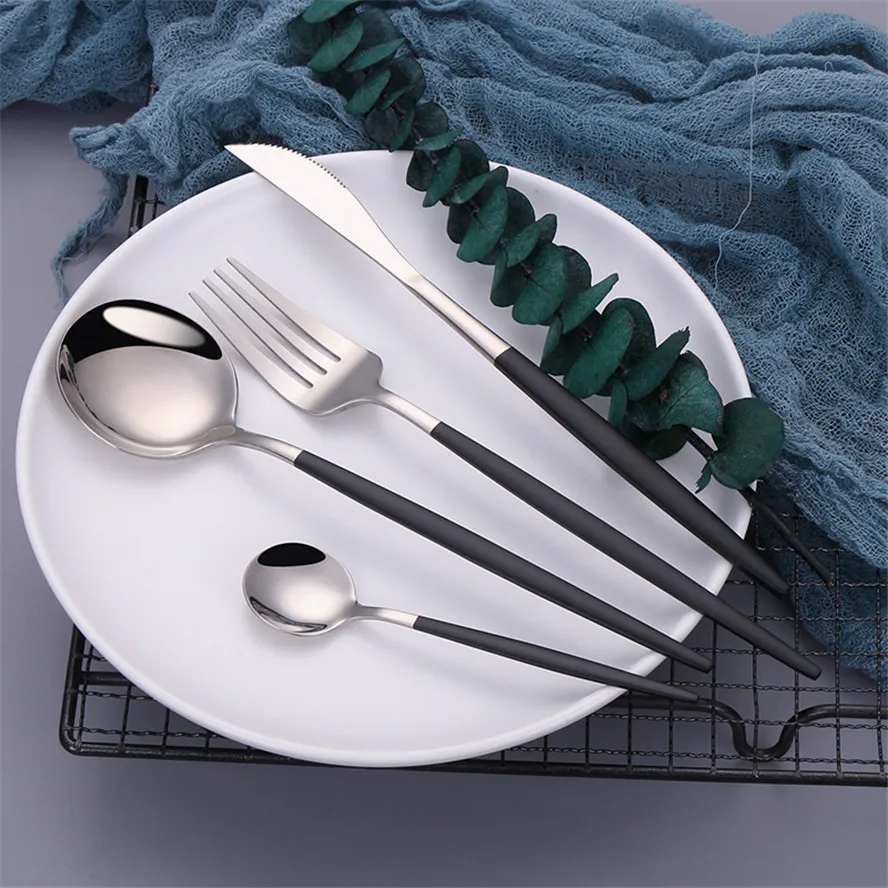 Black Silver Fork Spoon Knife Stainless Steel Cutlery Set Silverware Tableware Chopsticks Dinnerware IceTea Spoon Flatware Set cutlery set stainless steel cutlery set