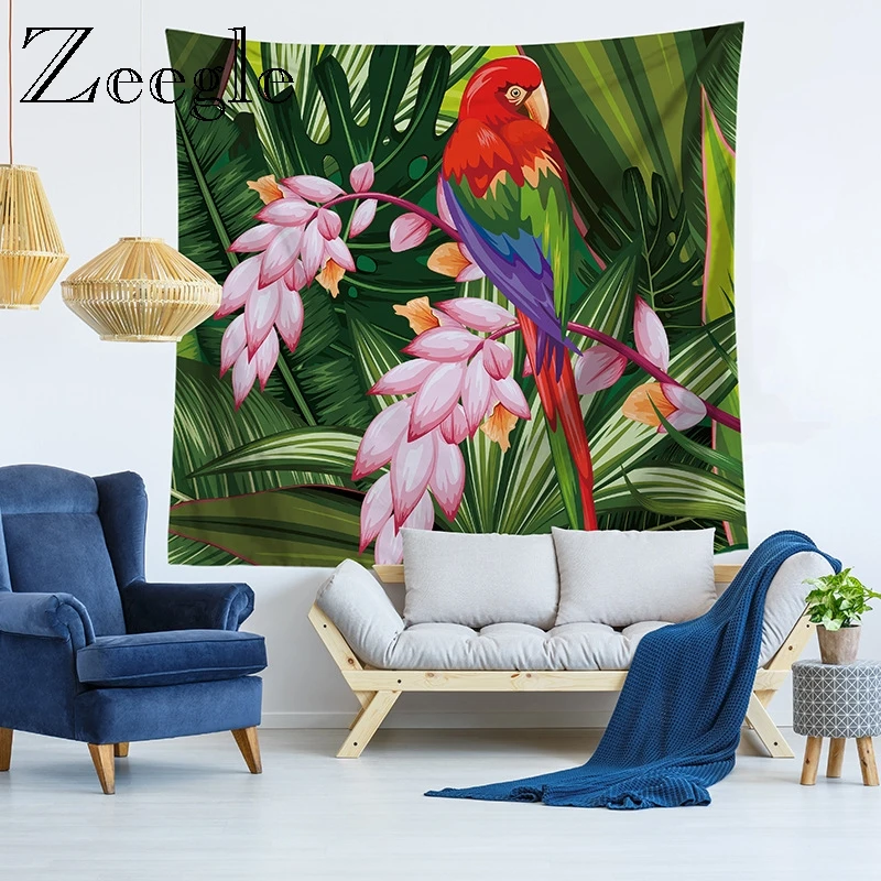 Zeegle Wall Hanging Tapestries Leaves Bird Scenic Pattern Tapestry Green Hippie Bohemian Decorative Wall Carpet Yoga Mats