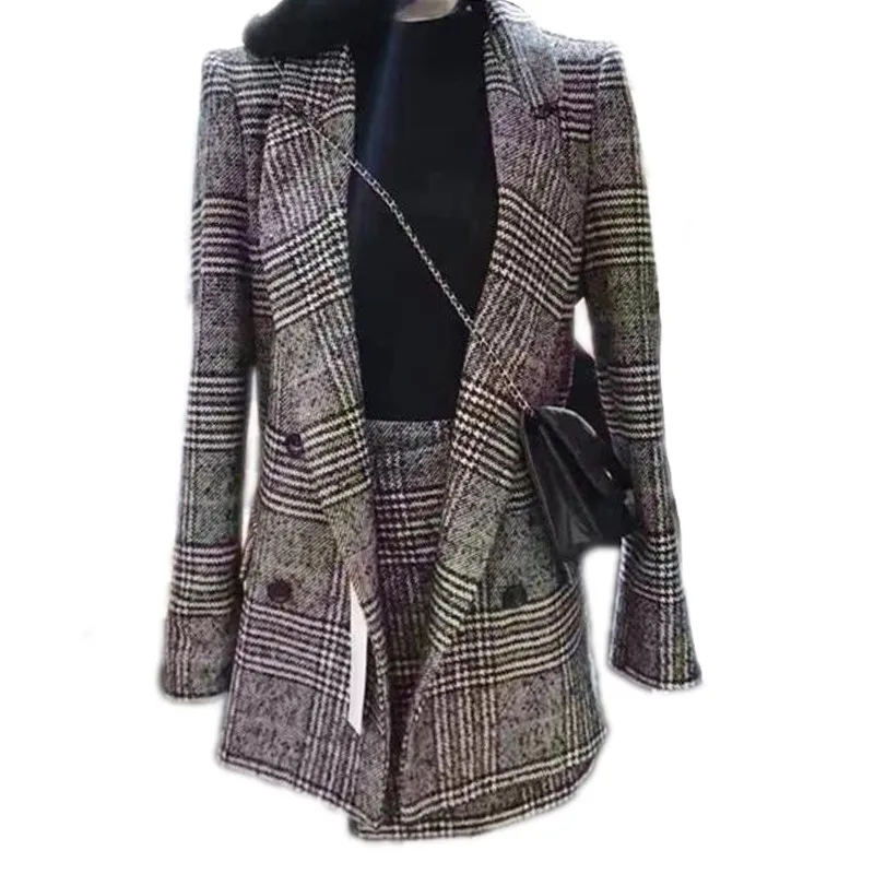 

Plaid Office Lady Jacket Skirt Two Sets Elegant Formal Warm Coat Jacket Top With Skirt Suit Winter Autumn Women's Suit