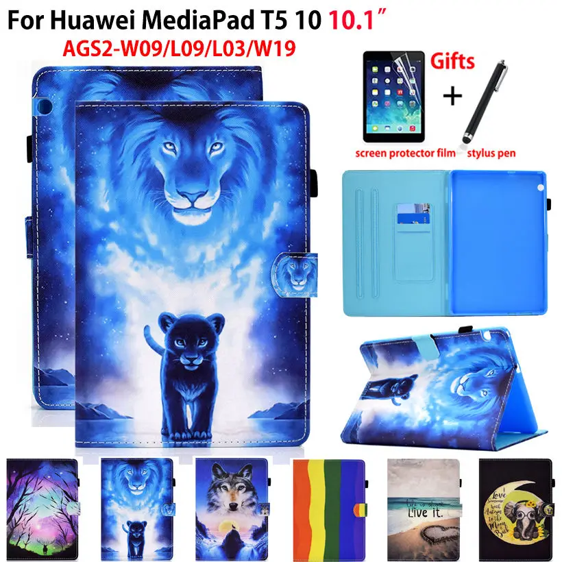 Per Huawei Mediapad T5 10 Custodia Cover Ags2-W09 Ags2-L03 Ags2-W19 10.1 "Funda Coque Cartoon Lion Wolf Stand Shell + Regalo