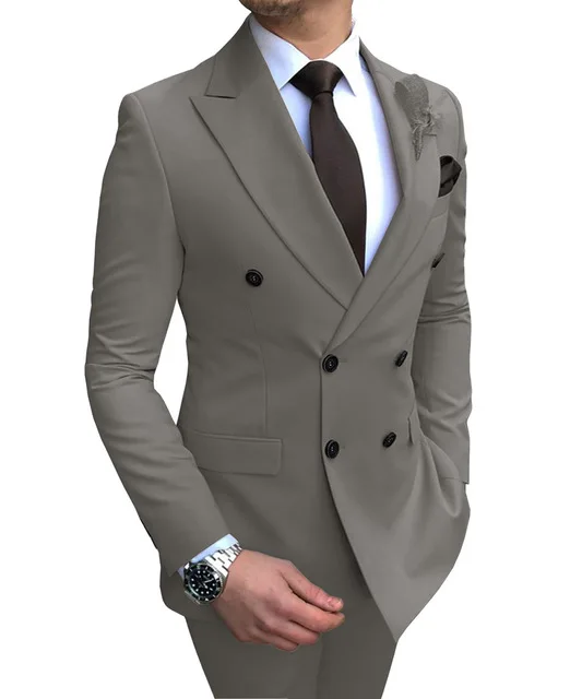 Двубортный мужской костюм для свадьбы, смокинг для жениха, мужские официальные вечерние костюмы для выпускного вечера, Тонкий Блейзер(пиджак+ брюки - Цвет: Серый