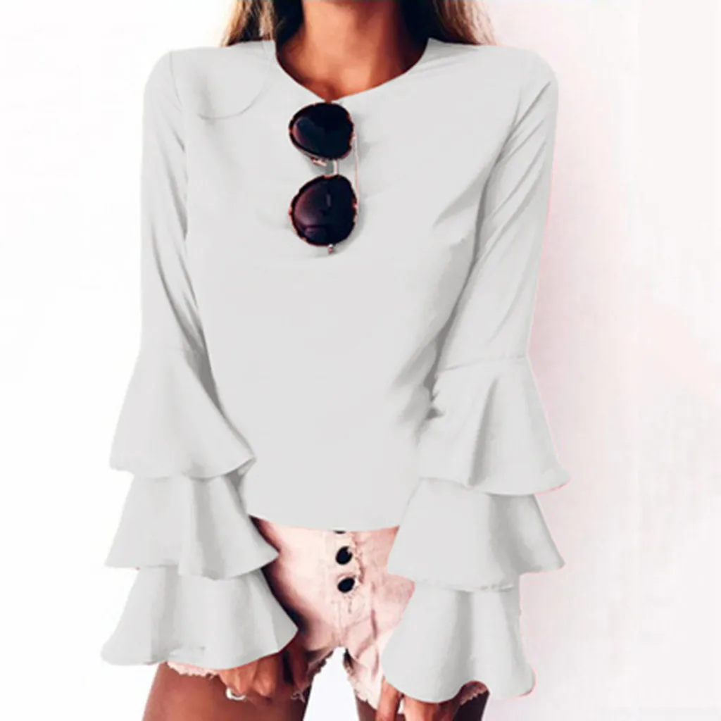 

European And American Autumn And Winter Ladies Solid Color Round Neck Blouse Ruffles Women Blouse V-Neck Lace Vintage Solid Tops