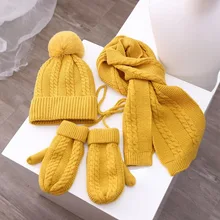 

Knitted Beanie New Kids Hats Scarves Gloves Three Piece Suit Plush Warmth Hats Woolen Cap Boys Girls Winter Hat for Baby Bonnet